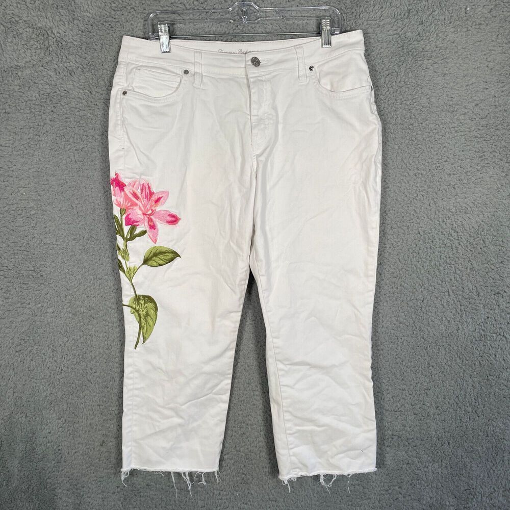 Tommy Bahama Womens Ella Twill Boyfriend Cropped Jeans White Embroidered Size 12
